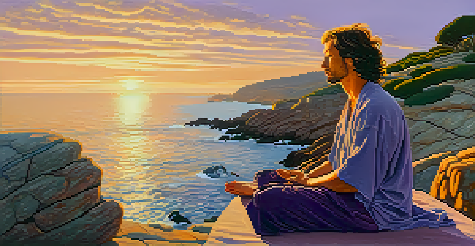 A person meditating on a cliff by the Mediterranean Sea at sunset, with waves below and a colorful sky.