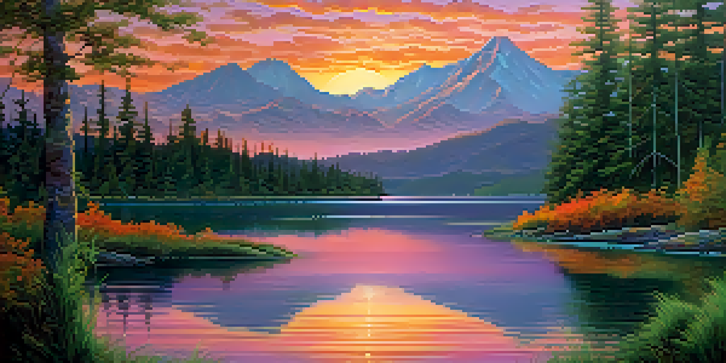 A tranquil sunset over a lake, with colorful reflections on the water and lush greenery in the foreground.