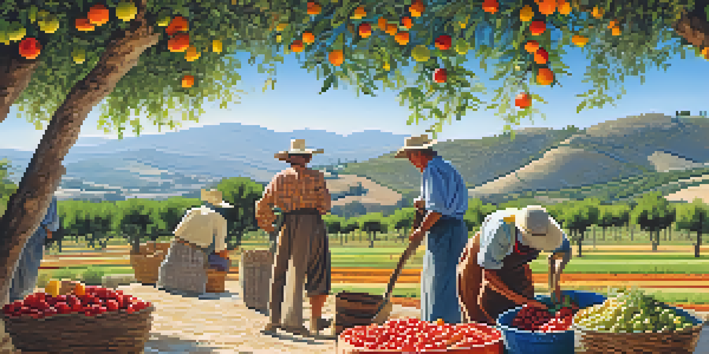 Close-up of local farmers working in Sierra de Grazalema Natural Park with crops and olive trees in the background.