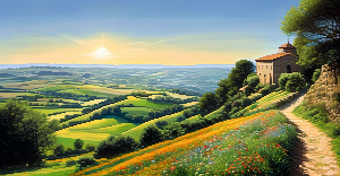 A picturesque landscape of the Camino de Santiago, featuring a winding path through green hills and wildflowers, with an ancient stone church in the background under a sunny sky.