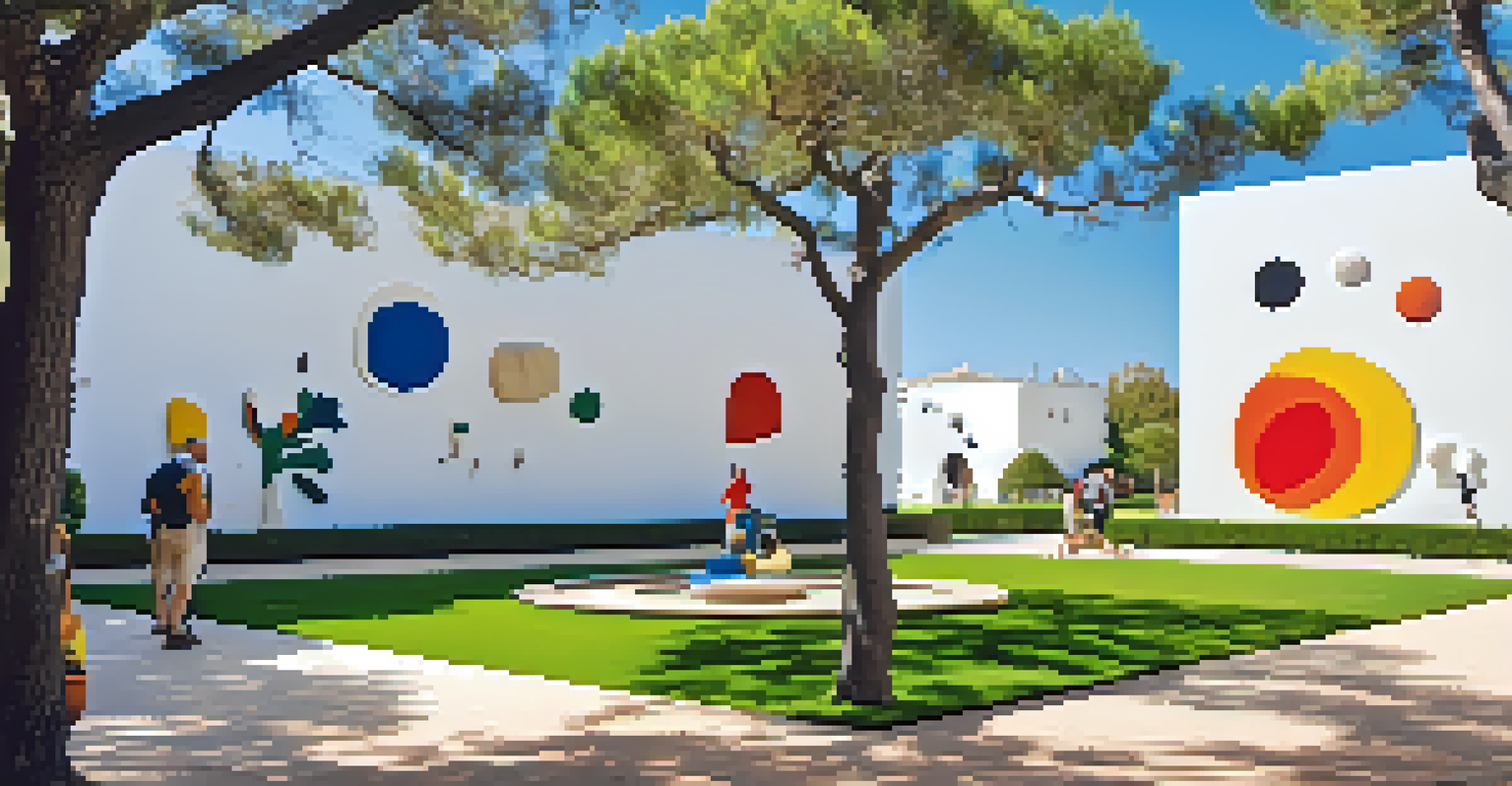 Outdoor sculpture garden at Fundació Joan Miró, showcasing colorful sculptures and blooming flowers under a blue sky.