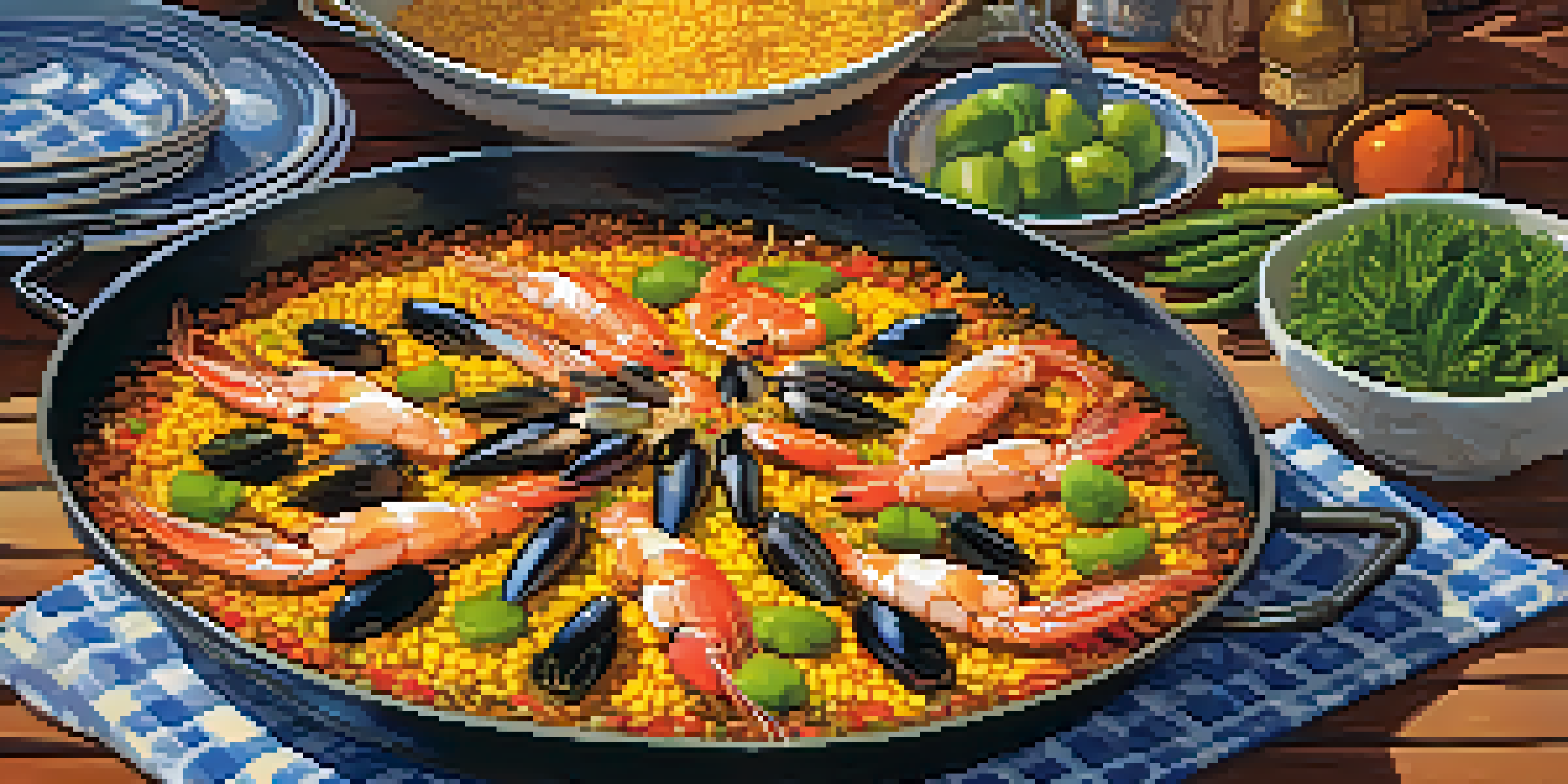 A traditional Spanish paella served from a large pan, featuring colorful ingredients like shrimp and vegetables, set on a rustic wooden table with sunlight shining down.
