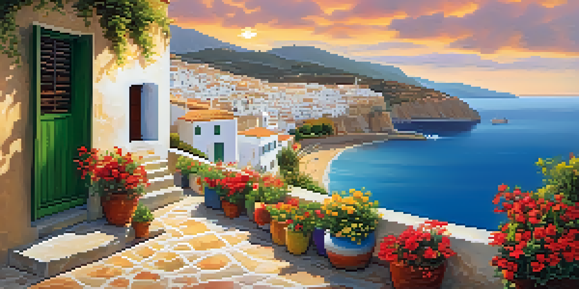 A picturesque coastal village in Spain with white buildings and colorful flowers, bathed in sunset light, reflecting a sustainable lifestyle.