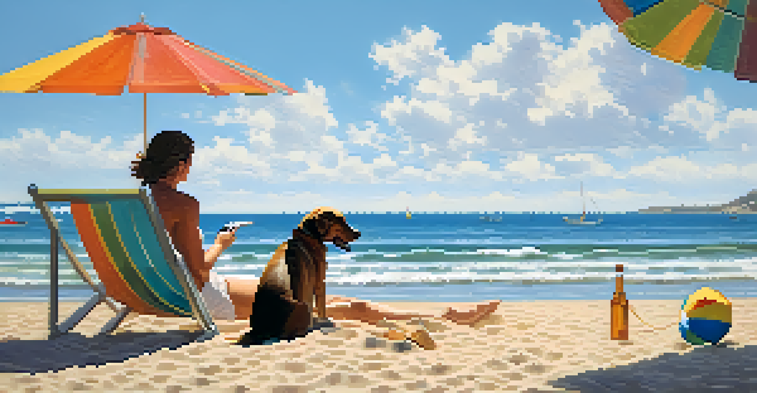 A dog playing on the beach in Valencia, with its owner relaxing nearby under an umbrella.
