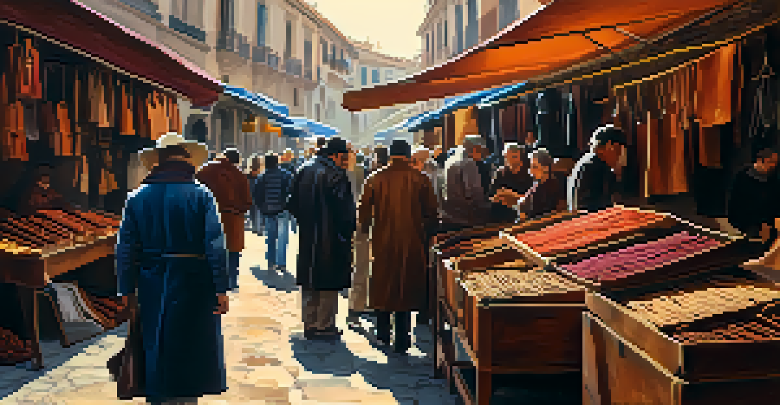 A lively outdoor leather market in Spain, filled with people and artisans showcasing handcrafted leather products.