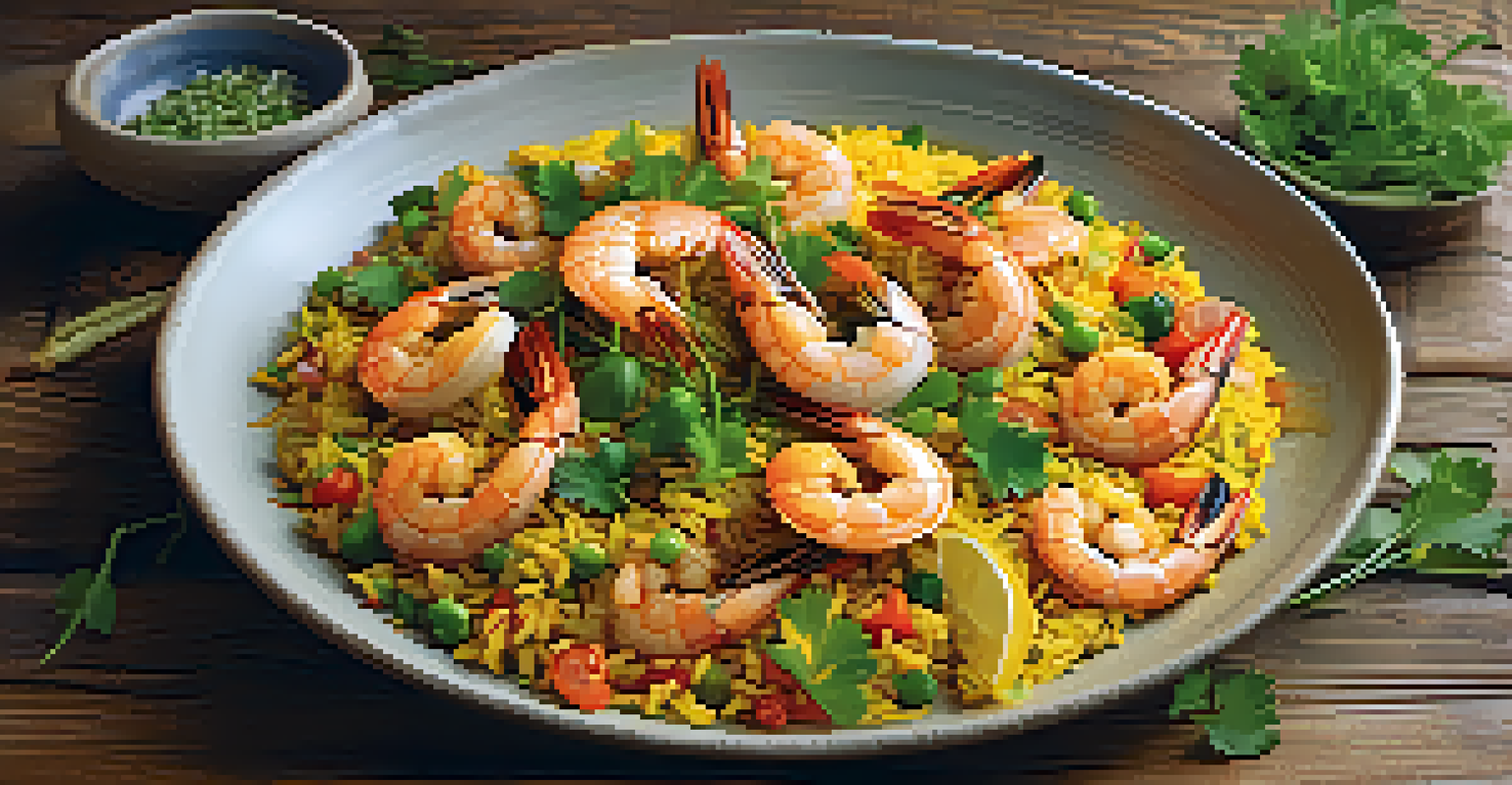 A close-up of a vibrant paella dish with saffron rice, shrimp, and cilantro on a rustic wooden table.