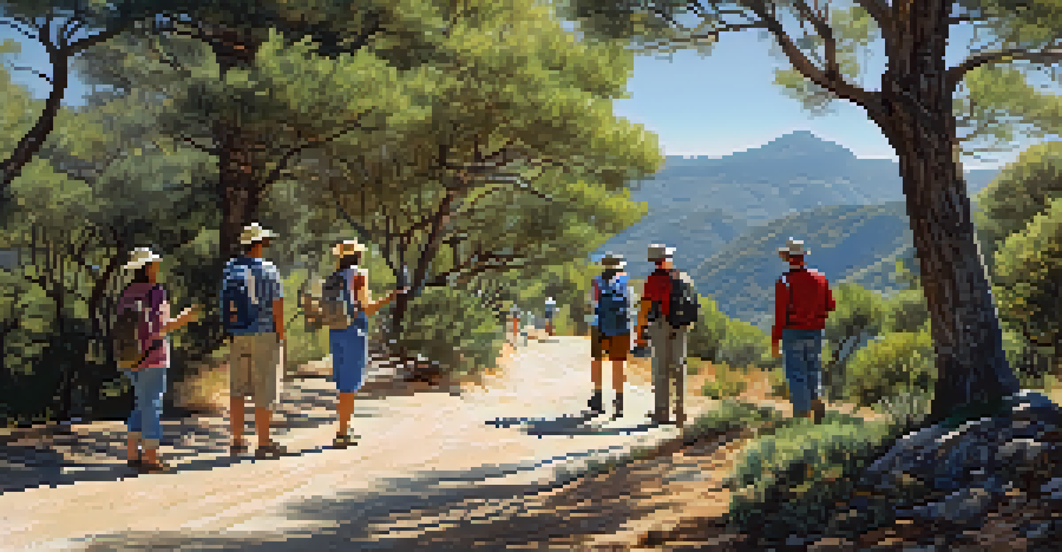 A local guide leading tourists on a scenic eco-tour in Sierra de Grazalema Natural Park with mountains and trees.