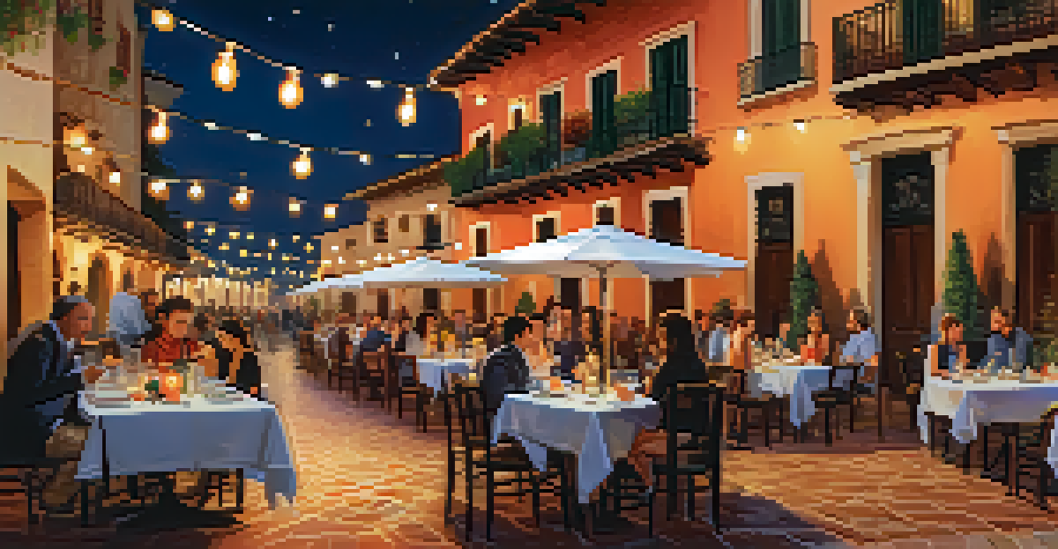 A charming outdoor dining setup in a Spanish plaza, with tables, string lights, and historical architecture.