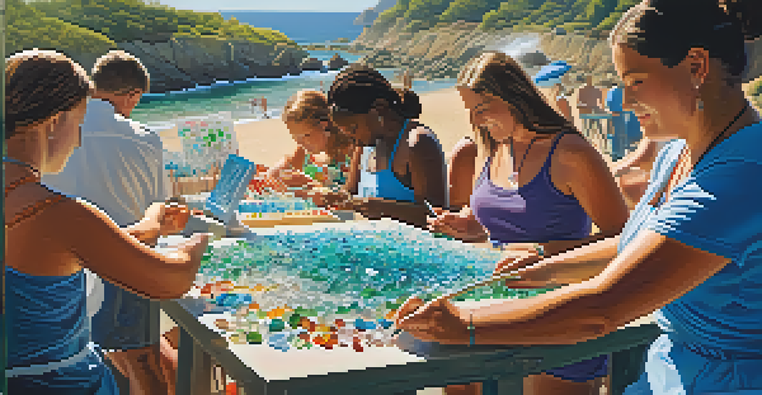 An outdoor art workshop at the beach, where participants are crafting jewelry from sea glass with the ocean in the background.