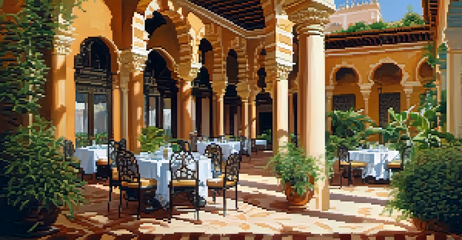 A beautiful courtyard of a historic hotel featuring Andalusian architecture and lush greenery.