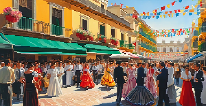 A lively street scene during the Feria de Abril in Seville, featuring colorful decorations and people in traditional dresses enjoying flamenco music.