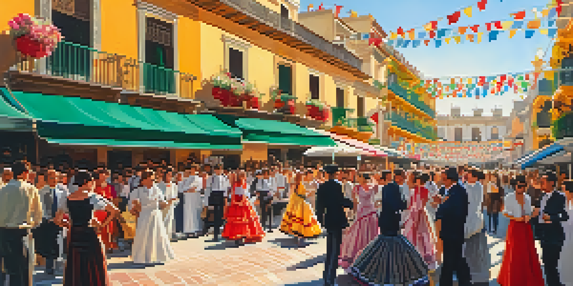 A lively street scene during the Feria de Abril in Seville, featuring colorful decorations and people in traditional dresses enjoying flamenco music.
