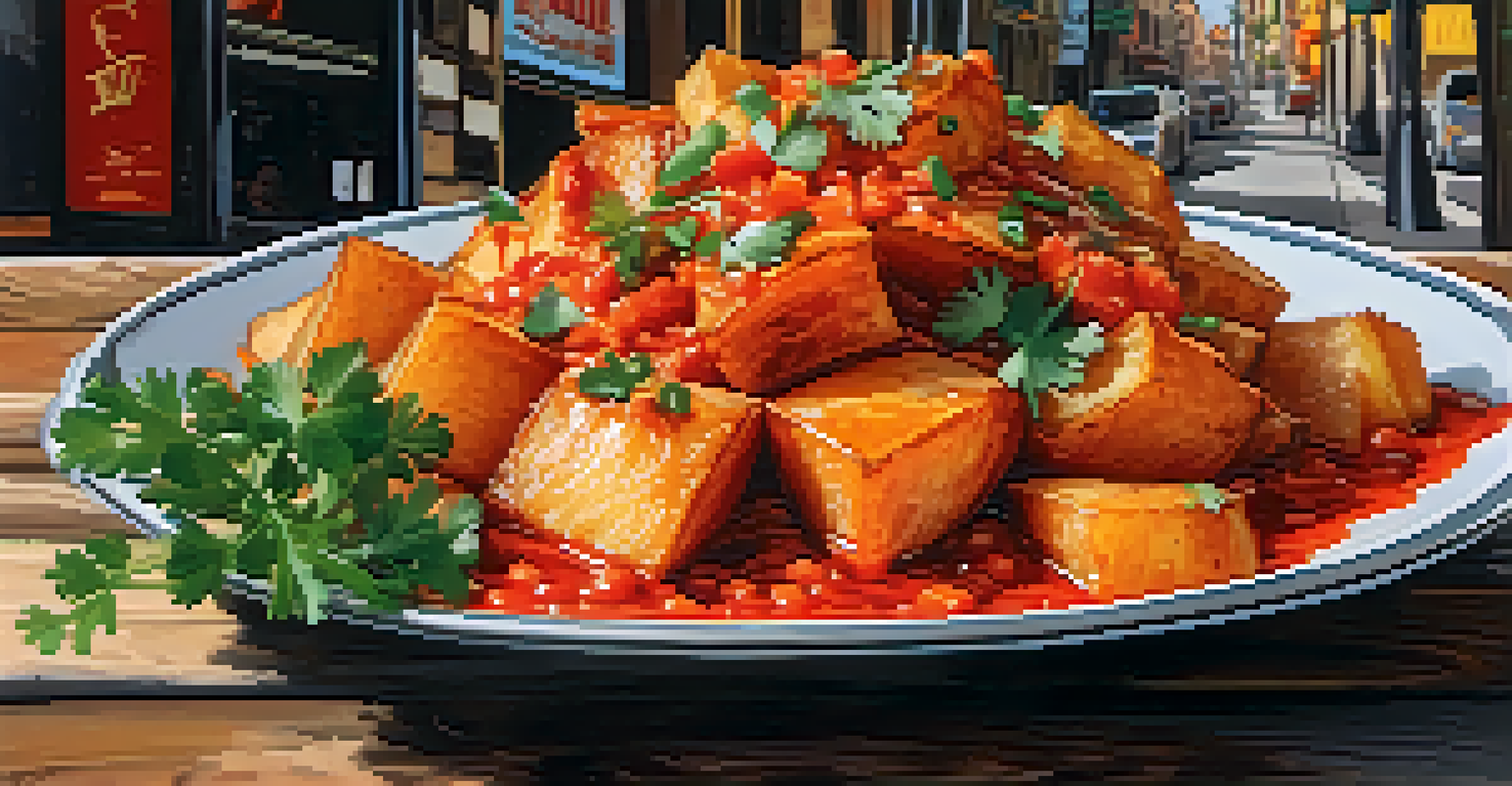 A close-up view of patatas bravas, crispy potatoes with spicy sauce on a rustic wooden table.