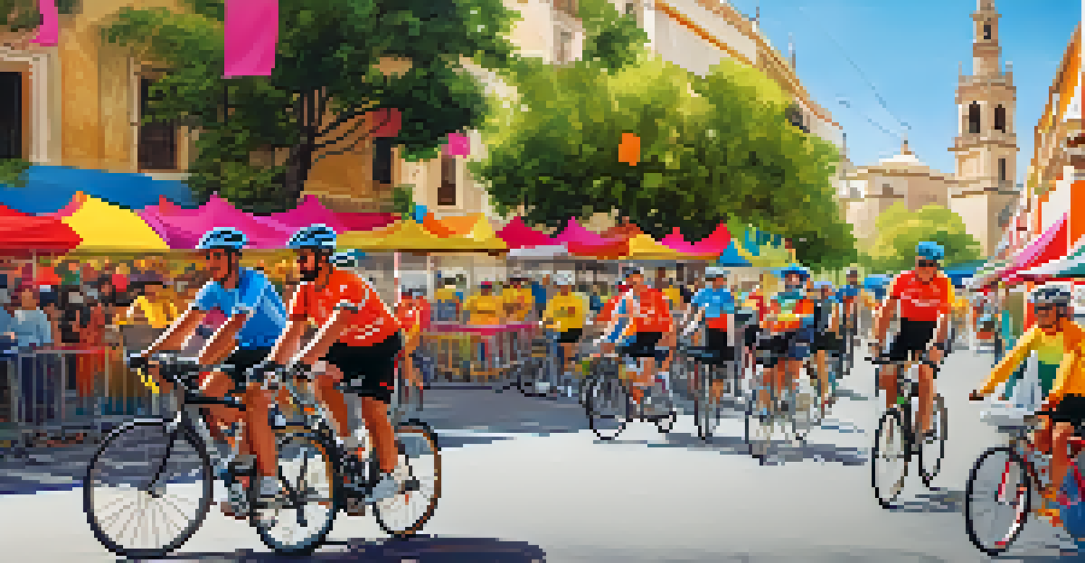 Participants at a community cycling event in Seville with decorations and vendors along the streets.