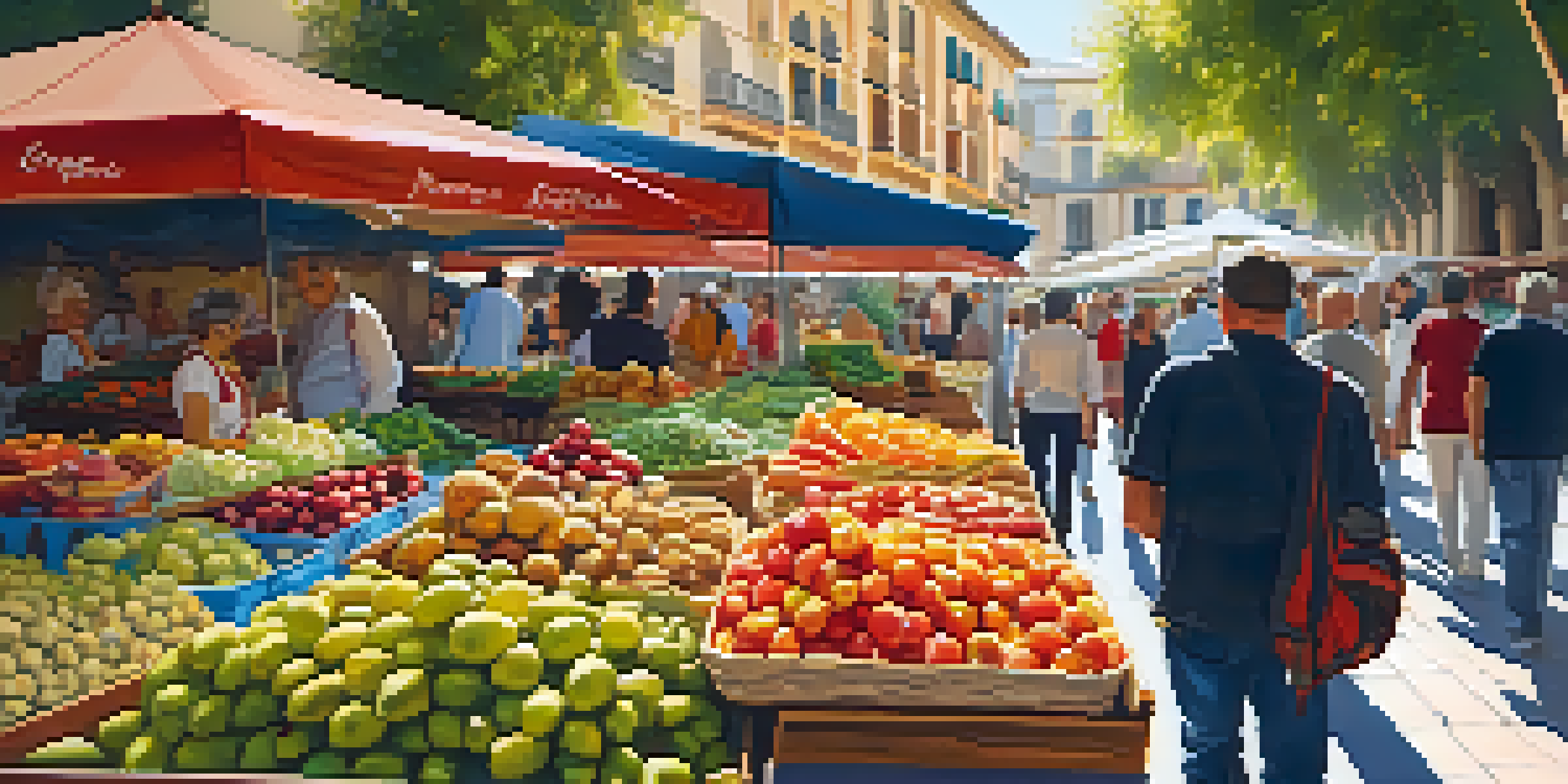 A lively outdoor market in Seville, featuring colorful stalls with fresh produce and tapas, with people interacting under warm sunlight.