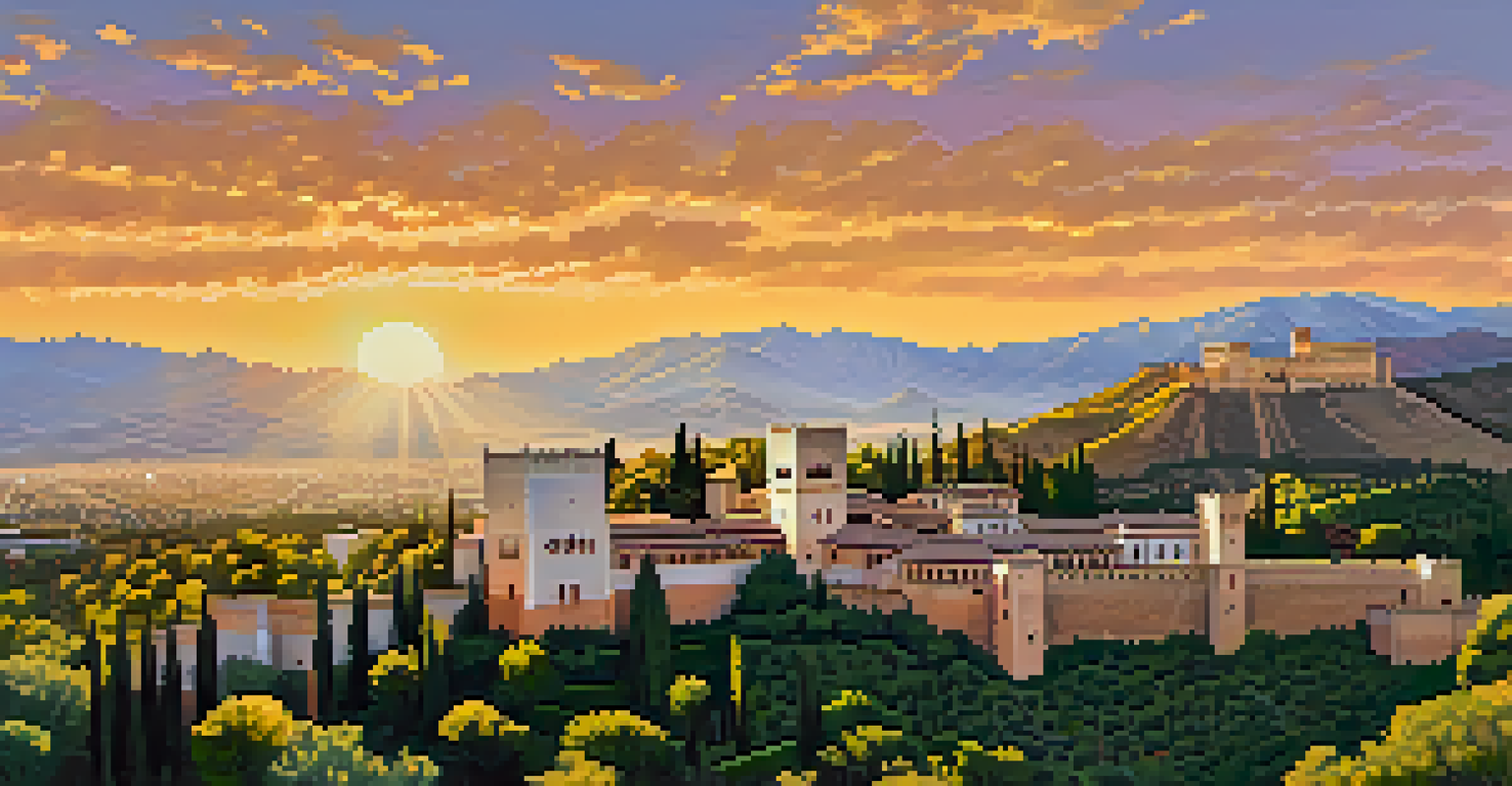 An aerial view of the Alhambra in Granada at sunset with intricate Moorish architecture and Sierra Nevada mountains in the background.