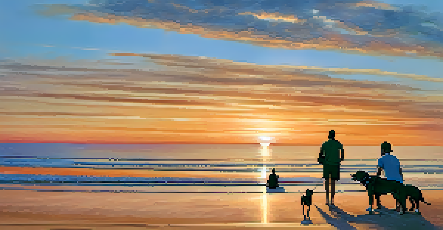 A sunset beach scene with a pet owner and their dog sitting on the sand, vibrant colors in the sky.