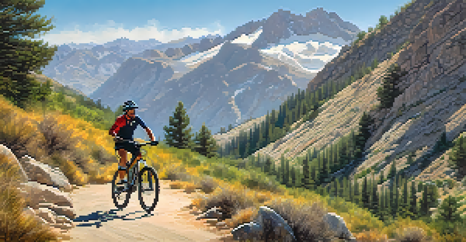 A mountain biking scene in the Sierra Nevada with a cyclist on a rugged trail surrounded by stunning natural landscapes.