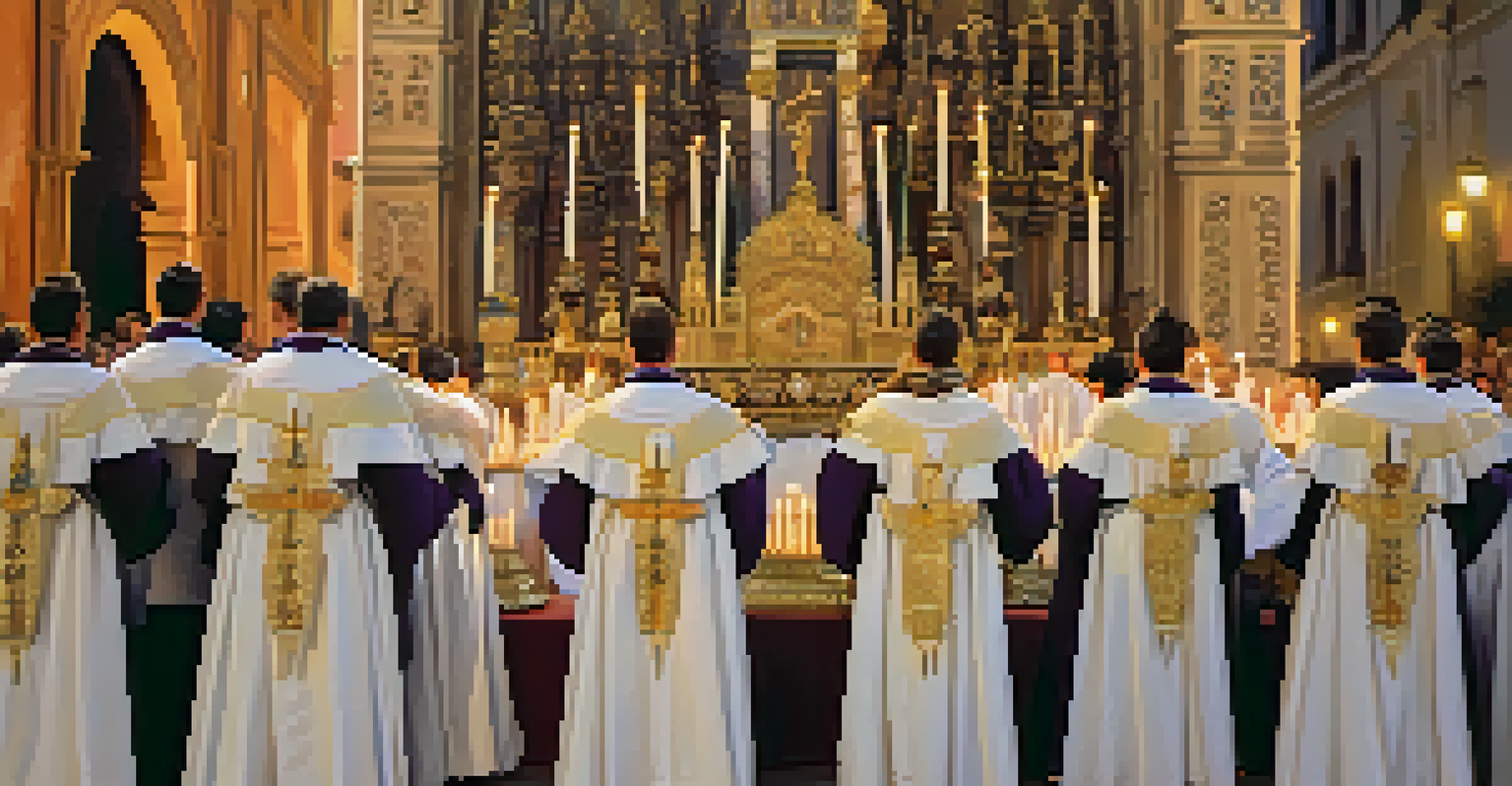 Participants in traditional robes during Semana Santa in Seville, holding candles and walking with ornate floats.