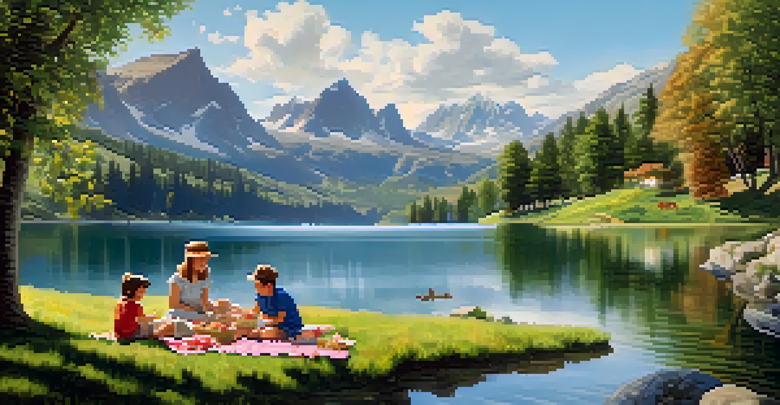 A family having a picnic by a lake with mountains in the background.