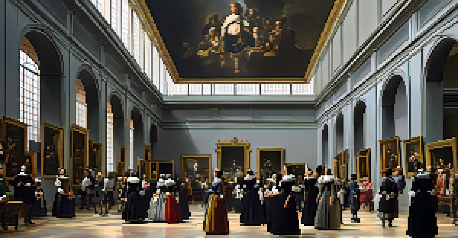 Visitors admiring Velázquez's 'Las Meninas' inside the grand Museo del Prado, surrounded by ornate architecture and soft lighting.