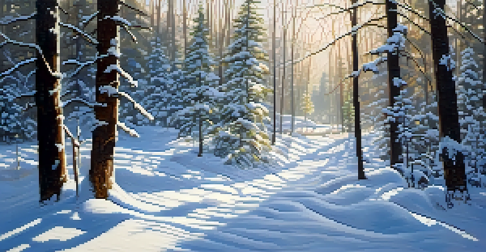 A tranquil winter forest with snow-covered trees and a winding snowshoeing trail under soft sunlight.