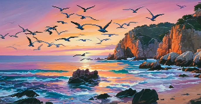 A vivid sunset over rugged cliffs with colorful sky and crashing waves.