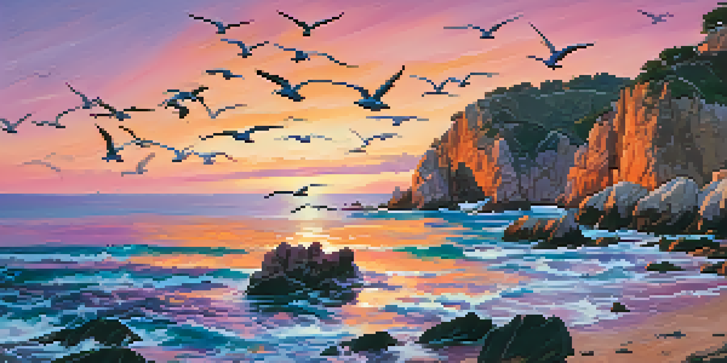 A vivid sunset over rugged cliffs with colorful sky and crashing waves.