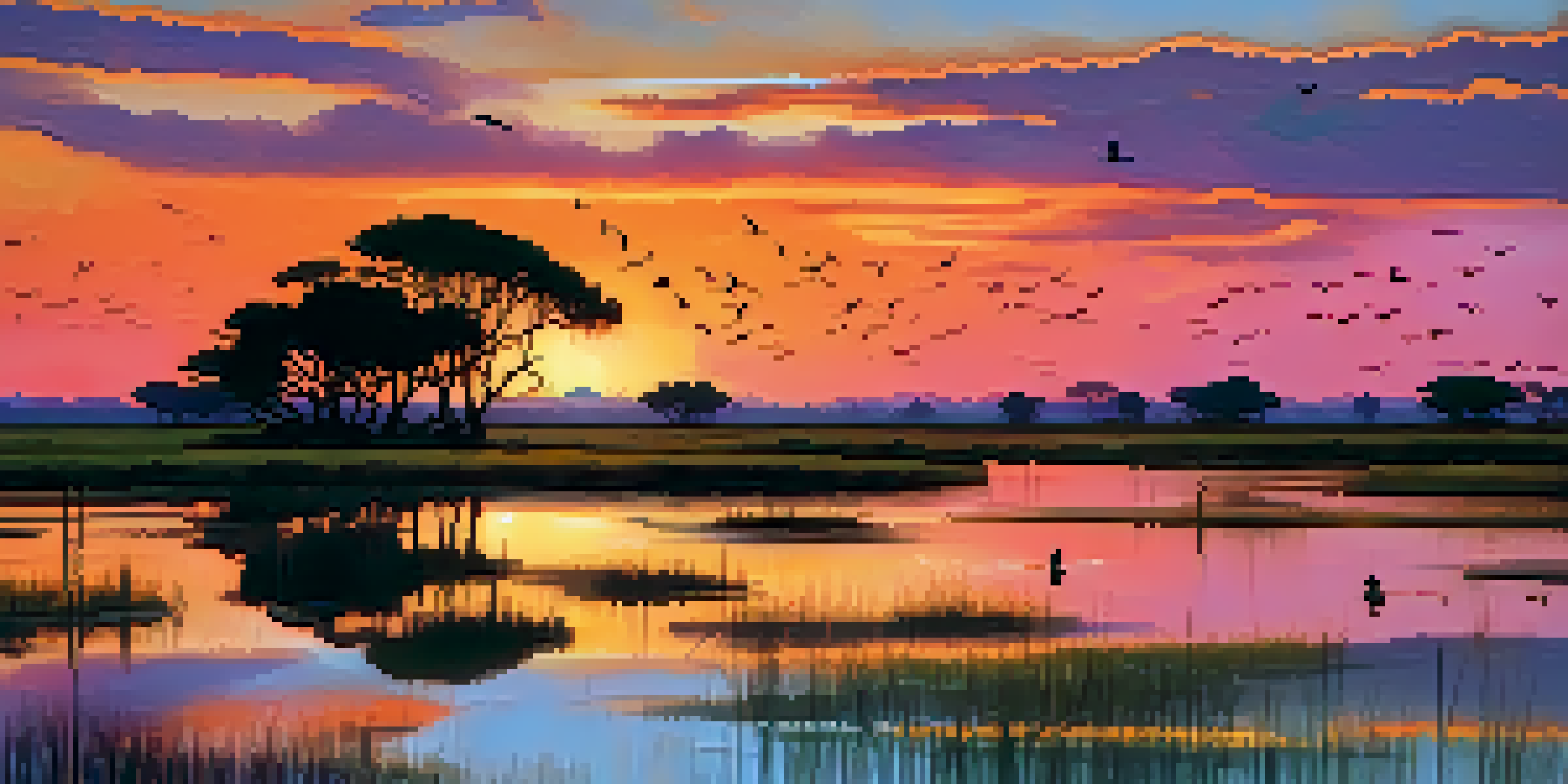 A sunset over wetlands with colorful reflections and silhouettes of birds in the sky, surrounded by green marshland and sand dunes.