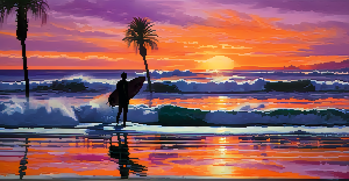 A surfer catches a wave at sunset, with a colorful sky and palm trees in the foreground.