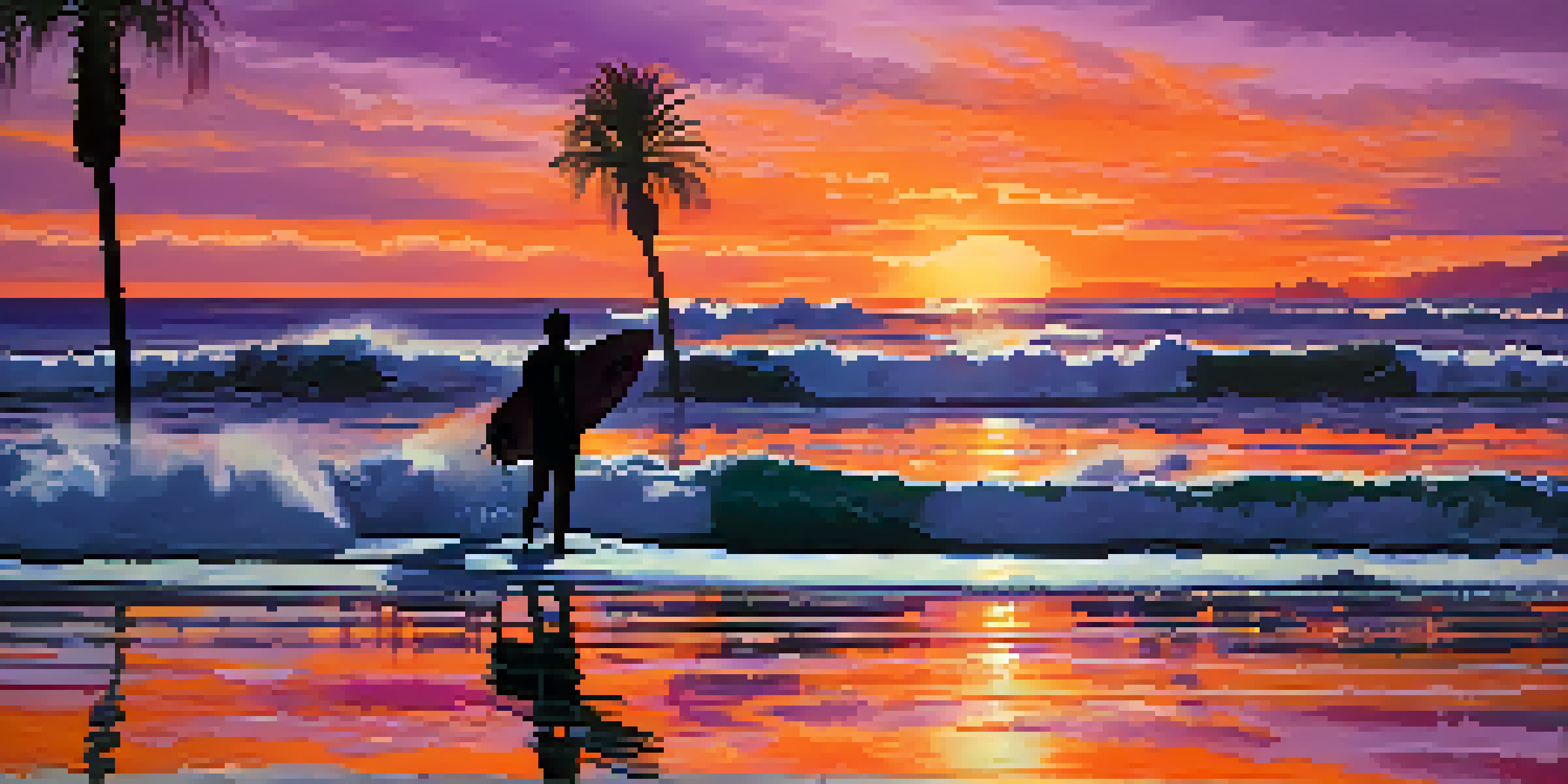 A surfer catches a wave at sunset, with a colorful sky and palm trees in the foreground.