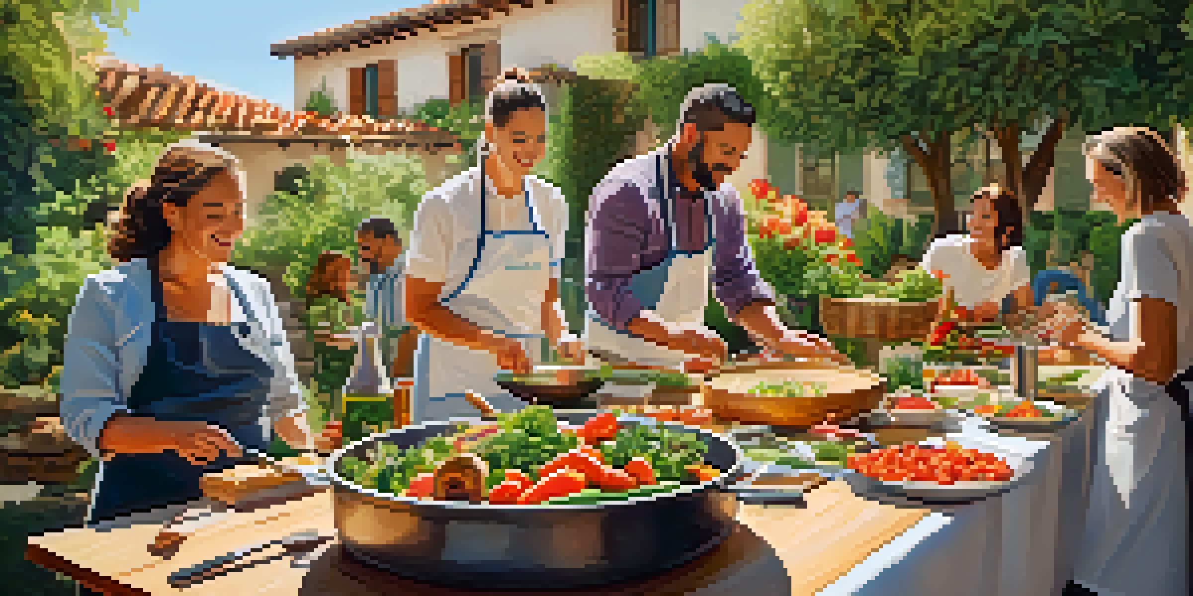 A lively outdoor cooking class with participants making Spanish tapas in a beautiful garden, surrounded by fresh ingredients and sunlight.