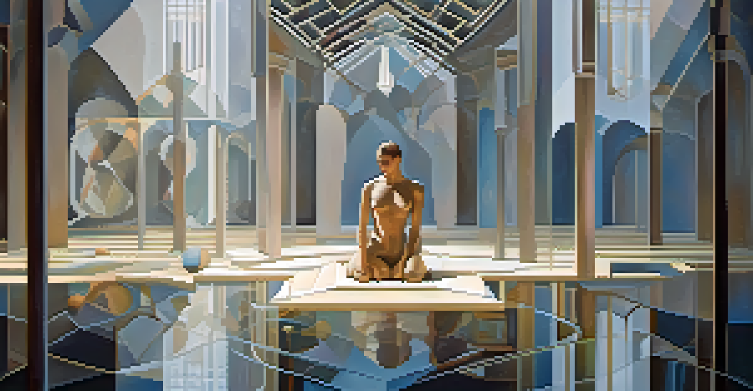 A floating figure surrounded by geometric shapes in a surreal, softly lit environment.