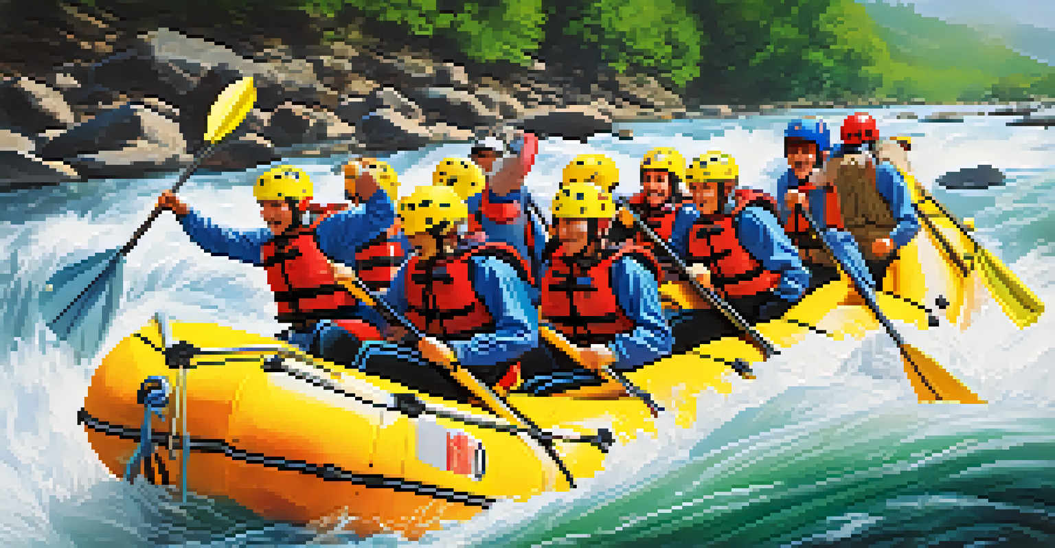 A group of people rafting through rapids in the Noguera Pallaresa River, surrounded by dramatic cliffs and lush greenery.