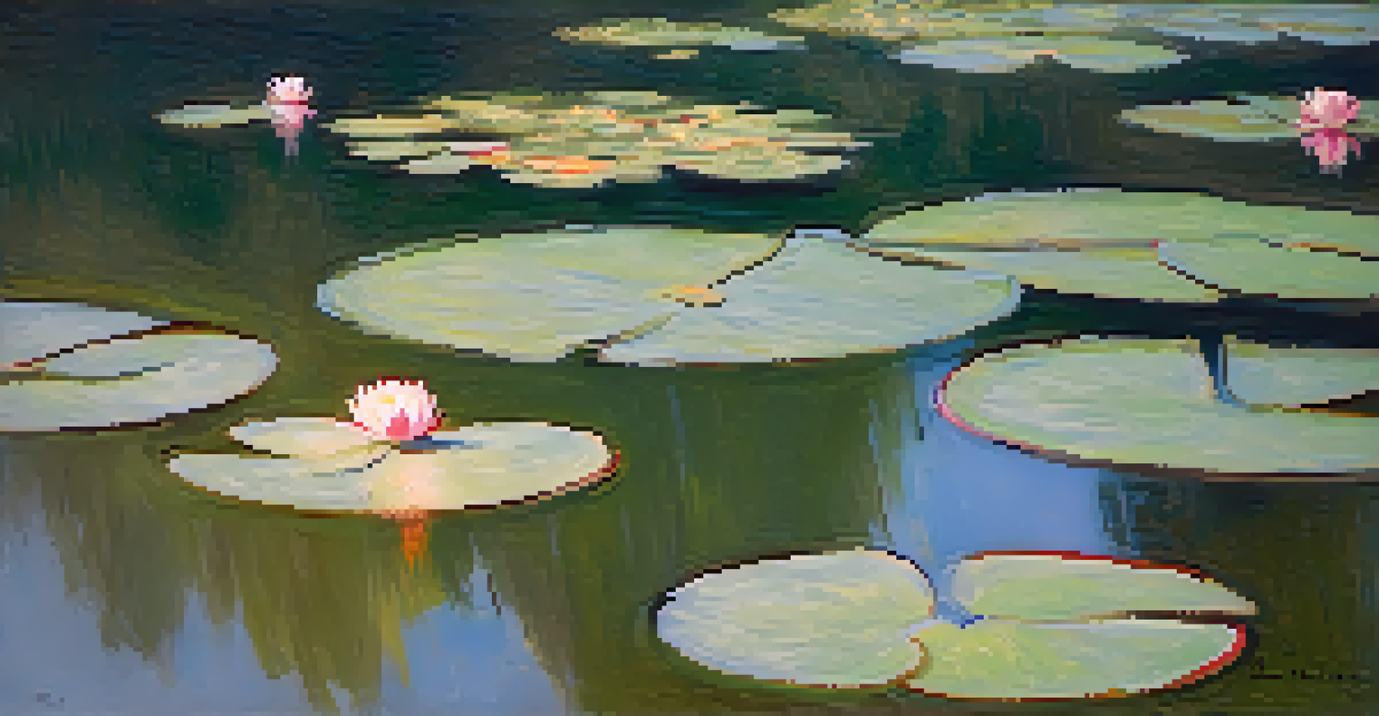 A close-up of Monet's water lilies painting showcasing vibrant colors and soft brush strokes in a museum setting.
