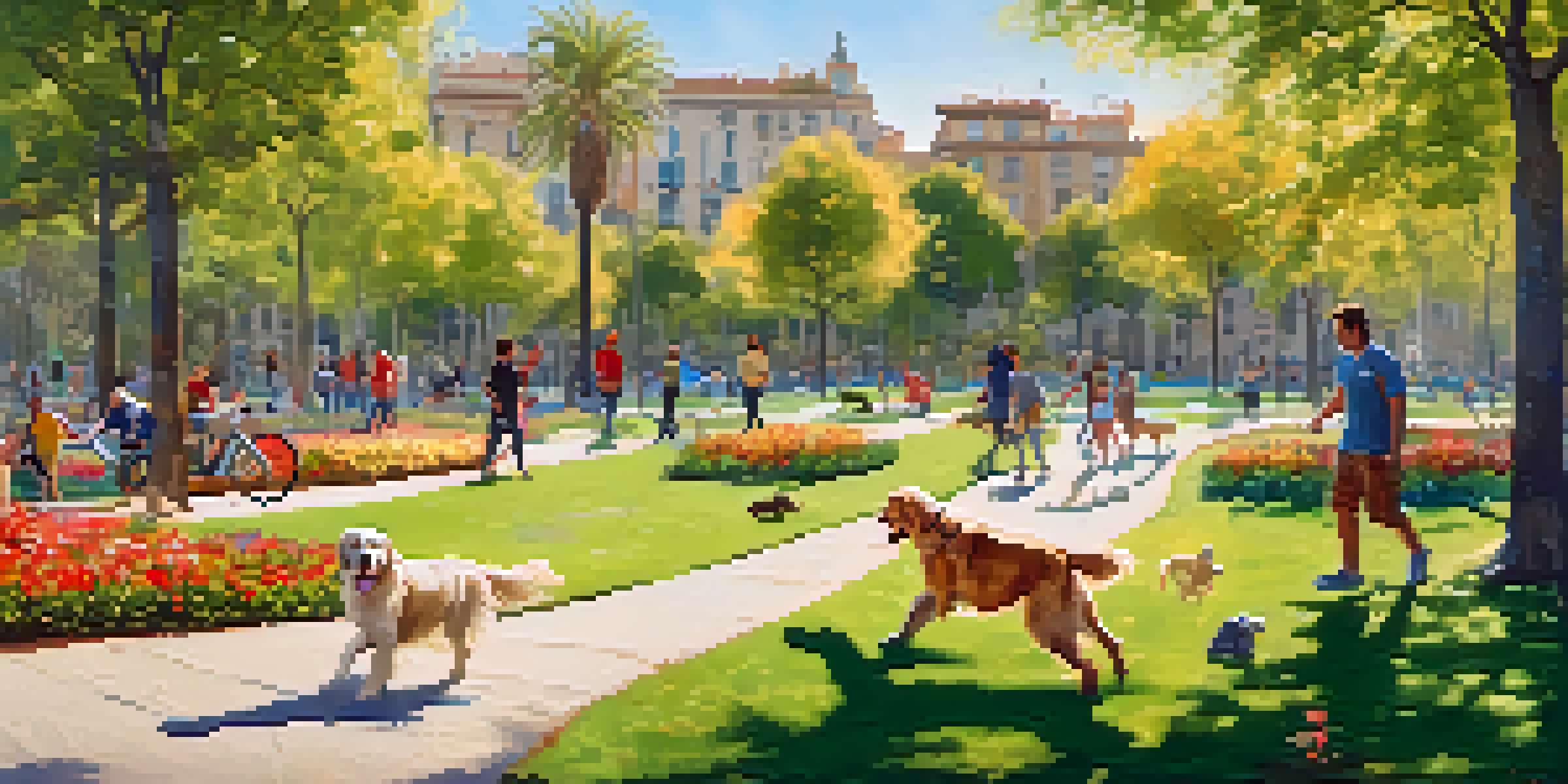 A golden retriever playing fetch with its owner in a vibrant pet-friendly park, surrounded by lush greenery and colorful flowers.