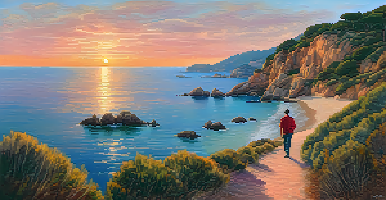 A coastal hiking scene with a person and their dog enjoying a sunset over the Mediterranean Sea.
