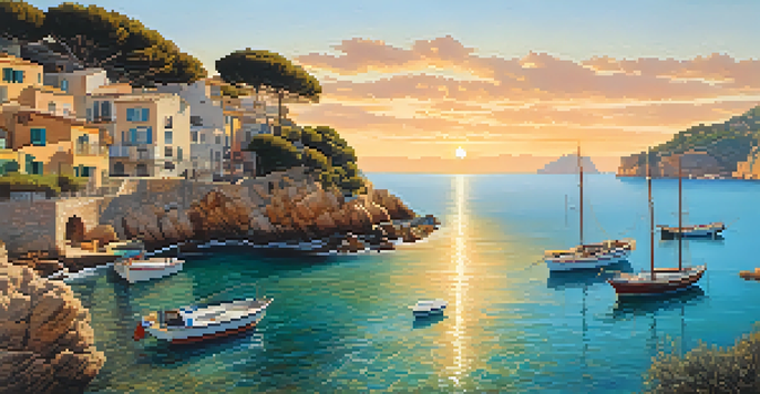 A scenic view of Costa Brava showcasing cliffs and clear waters at sunset, with a seaside town in the distance.
