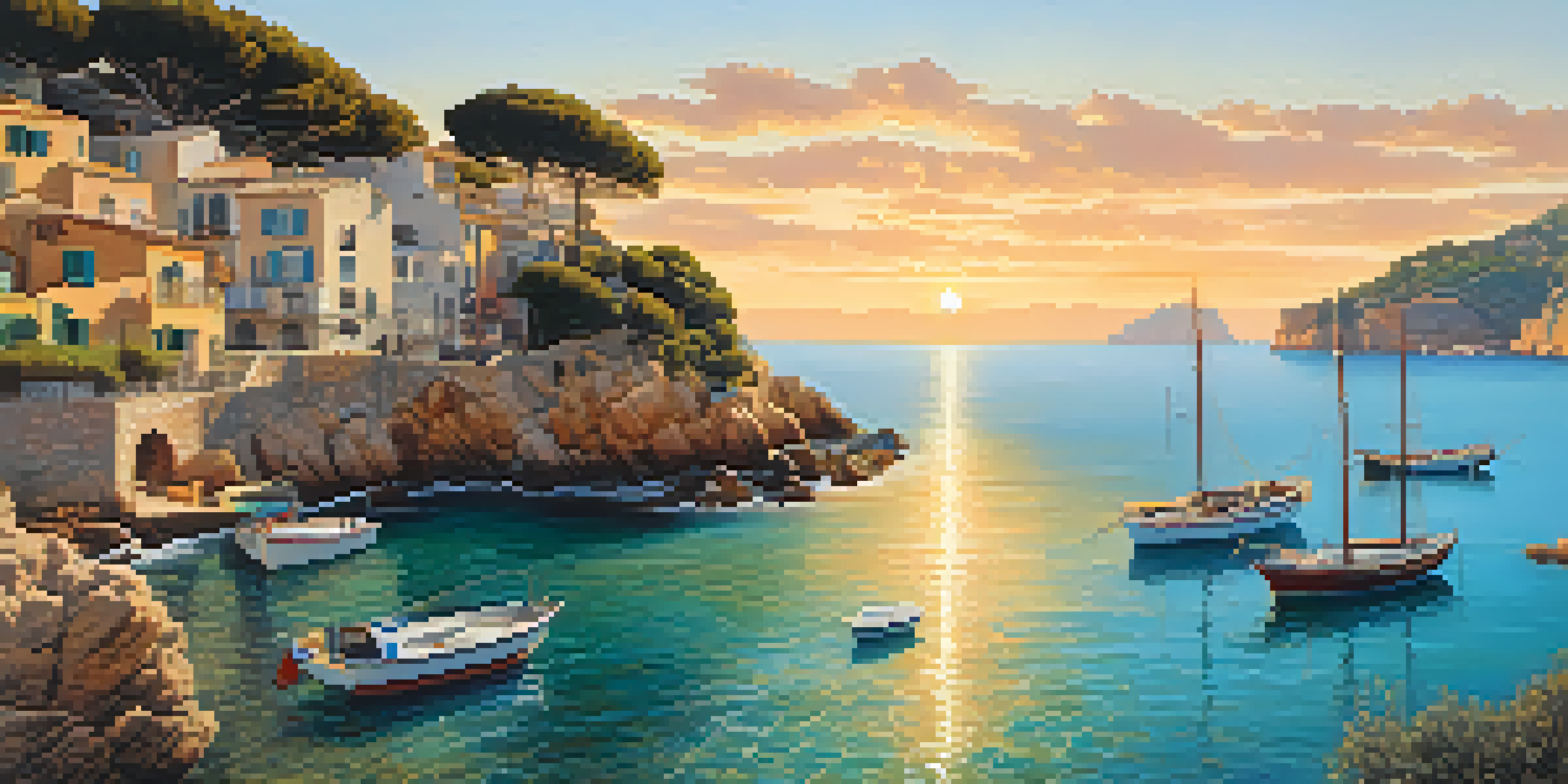A scenic view of Costa Brava showcasing cliffs and clear waters at sunset, with a seaside town in the distance.