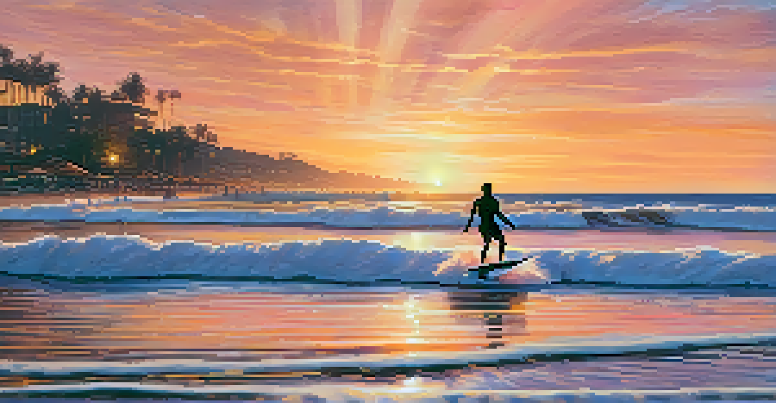 A surfer catching a wave at Costa del Sol during sunset, with vibrant colors in the sky and a lively atmosphere.