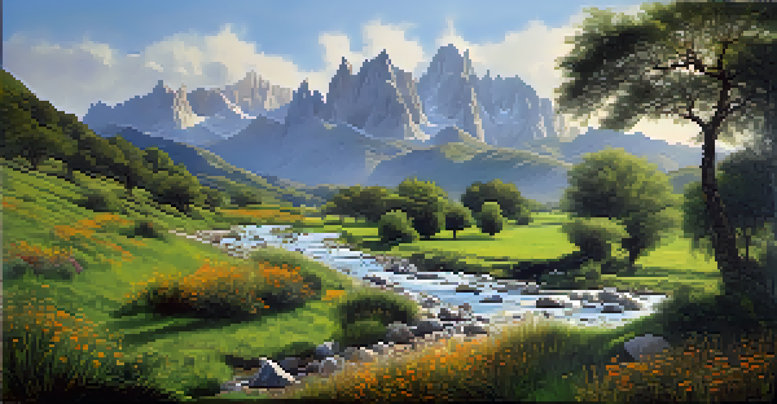 A picturesque view of the Picos de Europa mountains with misty peaks, a winding trail, and a flowing river surrounded by wildflowers.