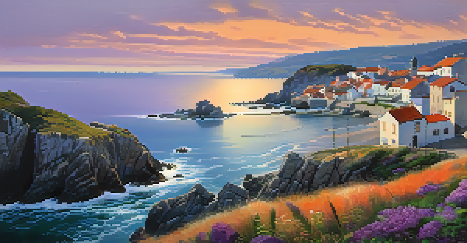 A picturesque sunset over the rugged coastline of Galicia, with cliffs, a beach, and a charming fishing village.