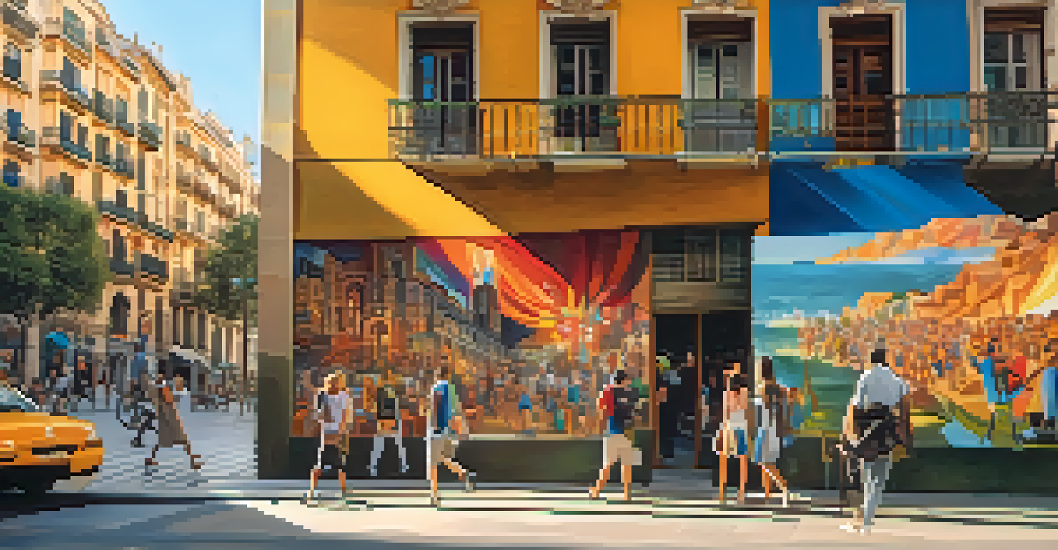 A large mural in Barcelona showcasing local culture, with tourists taking photos and an artist painting nearby.