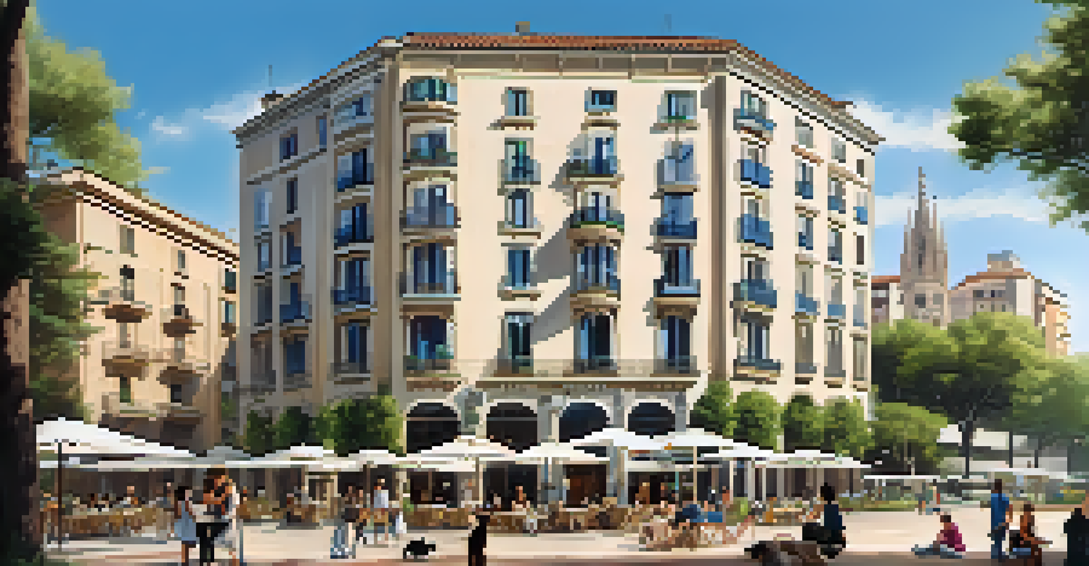 A pet-friendly hotel in Barcelona with people and dogs enjoying a sunny day in the nearby park.