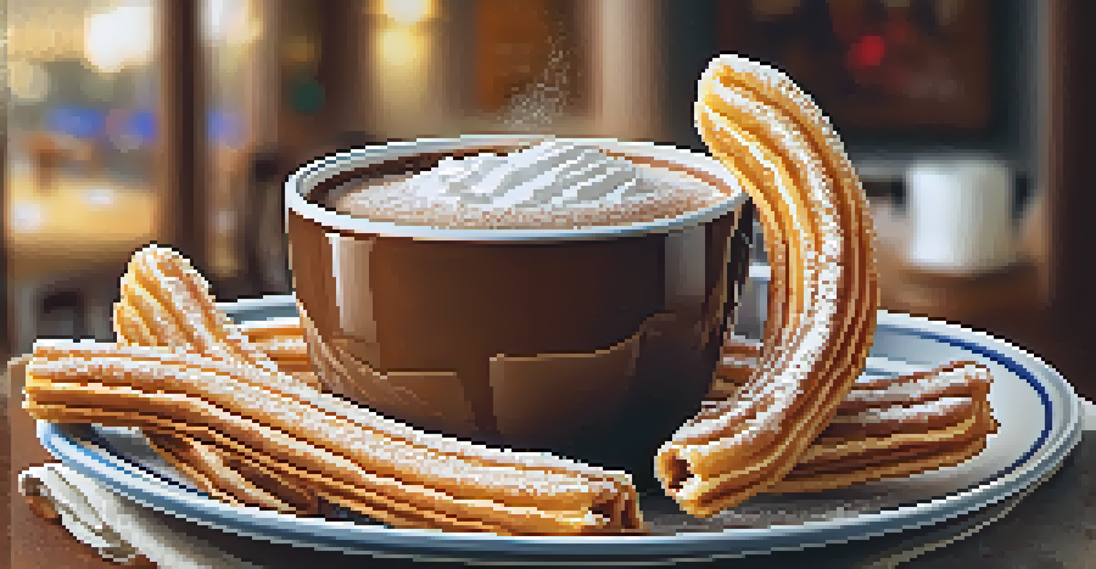 A plate of crispy churros dusted with powdered sugar next to a cup of thick hot chocolate, set in a cozy café with warm lighting.