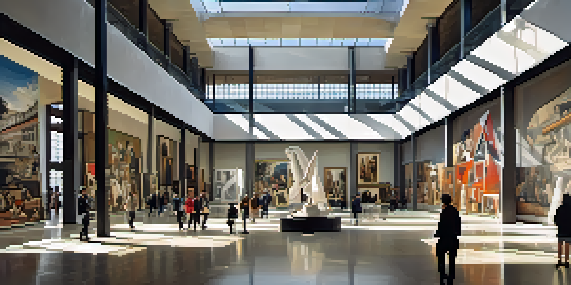 Interior view of the Reina Sofia Museum showcasing modern architecture, natural light, and visitors interacting with art.
