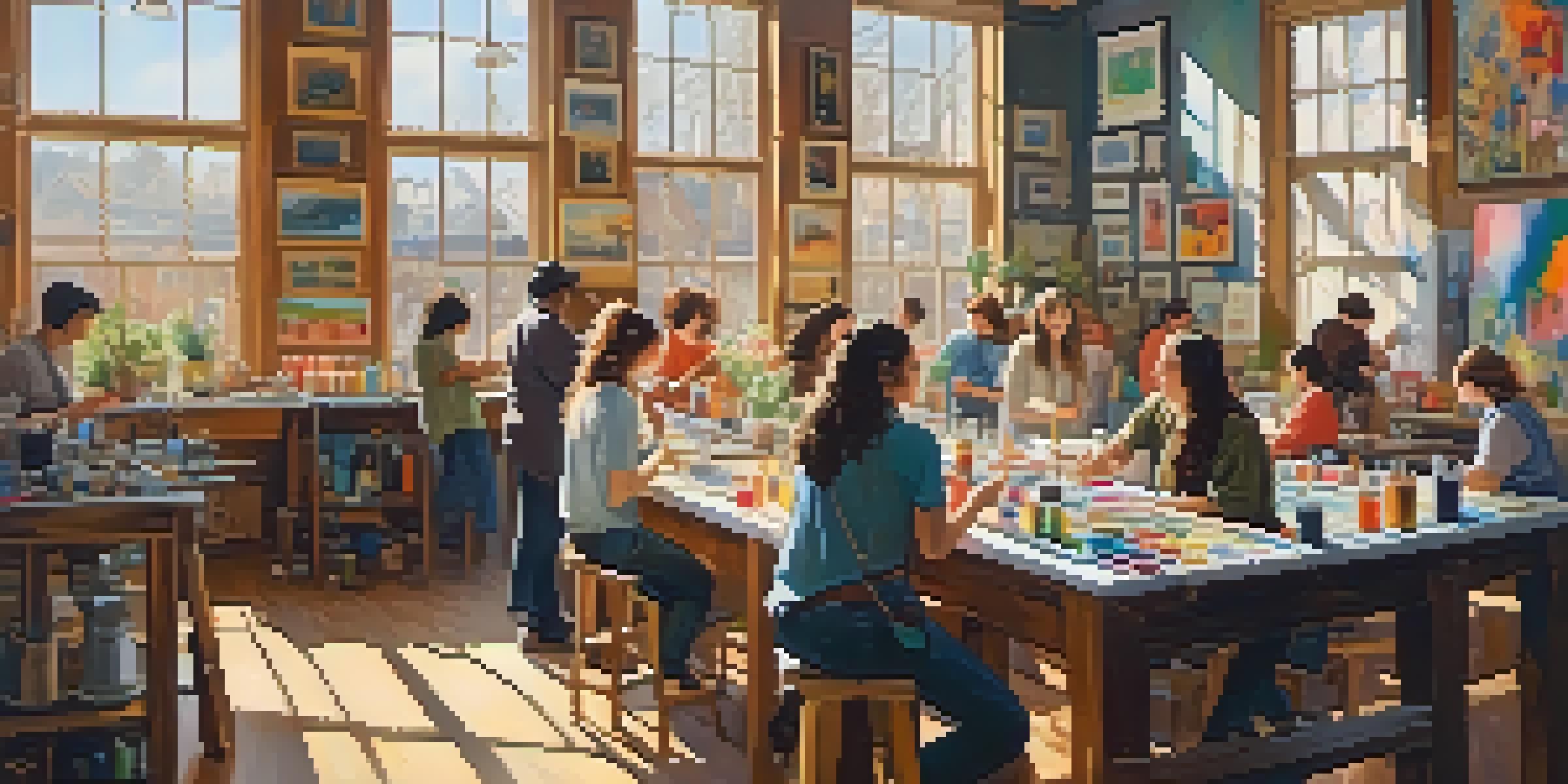 A lively art studio filled with diverse artists painting on canvases, surrounded by colorful art supplies and sunlight streaming through the windows.