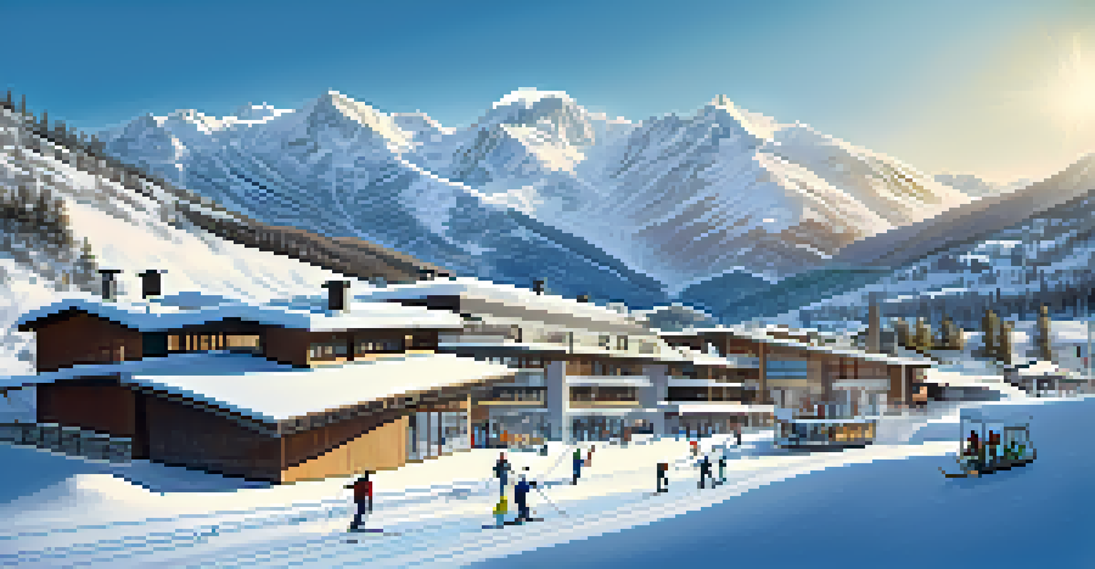 An eco-friendly ski resort with solar panels and tourists boarding a gondola against a mountain backdrop.