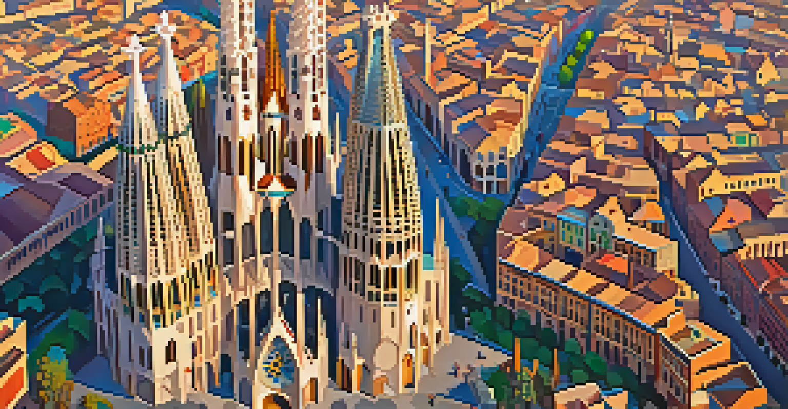 Aerial view of the Sagrada Família basilica with its colorful stained glass and towering spires.