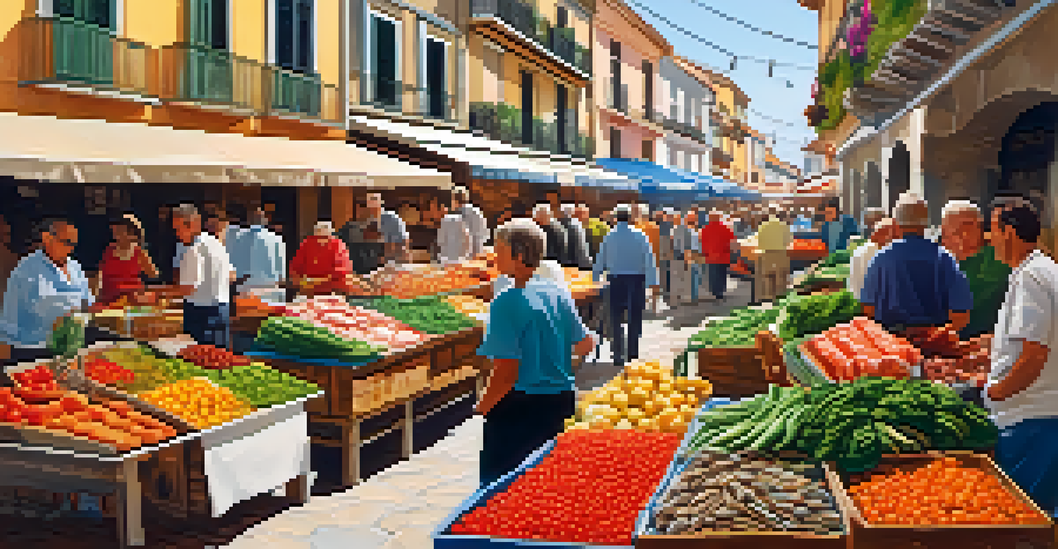 A bustling market in a Spanish coastal town with colorful stalls selling fresh seafood and produce, filled with locals and the aroma of fresh ingredients.